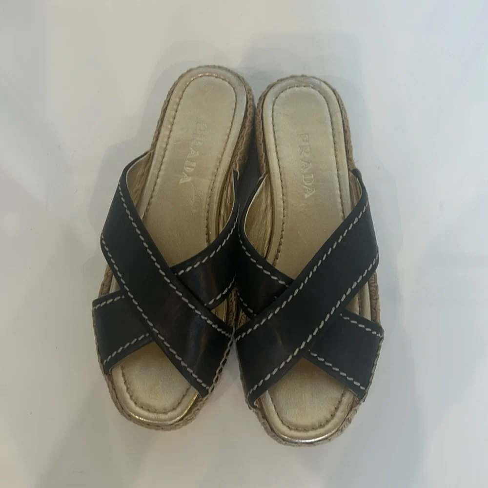 Prada Black Leather Espadrille Platform Sandals with Gold Footbed